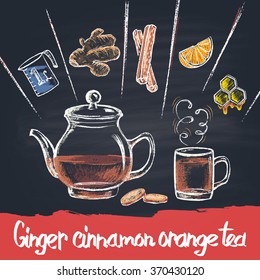   Colored chalk drawn illustration of ginger cinnamon  tea  in teapot with ingredients. Hot beverage. Sugar free (with honey).