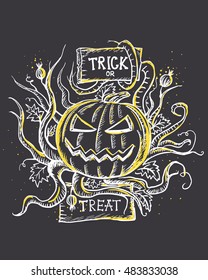 Colored chalk drawn illustration for Halloween.  Trick or treat. Pumpkin with terrible ornaments