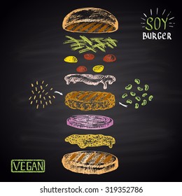   Colored chalk drawn illustration with ingredients of vegan burger (soybean, brown rice). No meat!