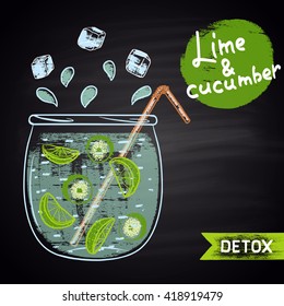   Colored chalk drawn illustration of jar with infused water. Lime and cucumber flavor. Detox and fitness theme. Healthy drink.