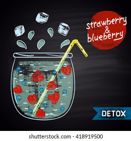   Colored Chalk Drawn Illustration Of Jar With Infused Water. Strawberry And Blueberry Flavor. Detox And Fitness Theme. Healthy Drink.