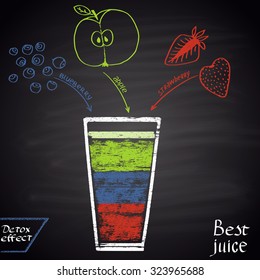 Colored chalk  drawn illustration of juice with blueberry, strawberry and apple . Infographic. Fitness theme. Best juice series.