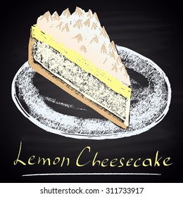   Colored chalk drawn illustration of lemon cheesecake. Desserts theme.