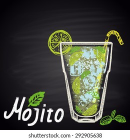 Colored chalk drawn illustration of mojito. Alcohol cocktails theme.