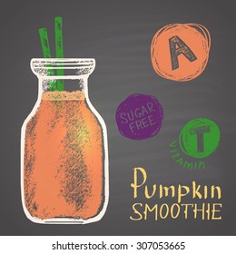  Colored chalk drawn illustration of pumpkin smoothie in a bottle with A and T vitamins. Sugar free!