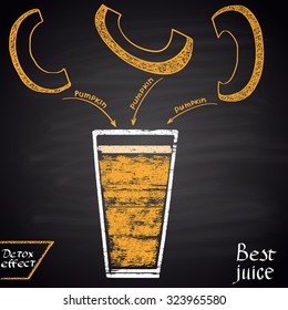 Colored chalk  drawn illustration of pumpkin juice. Infographic. Fitness theme. Best juice series.