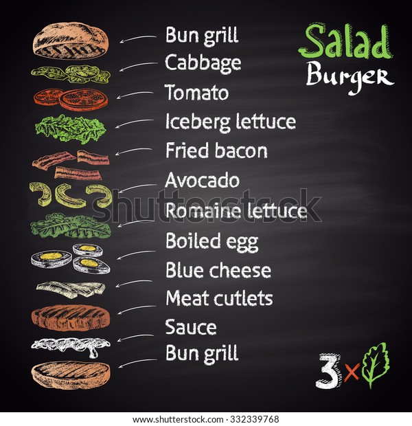 Colored Chalk Drawn Illustration Salad Burger Stock Vector (Royalty