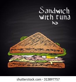 Colored chalk drawn illustration of sandwich with tuna with text. No meat!