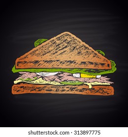 Colored chalk drawn illustration of sandwich with tuna. No meat!