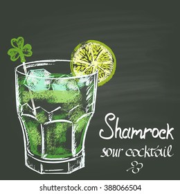 Colored chalk drawn illustration with shamrock sour cocktail with lime and ice for St. Patrick's Day. Holidays theme. Cocktail collection.