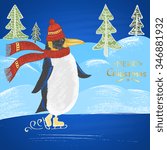  Colored chalk drawn illustration with skating penguin in a hat with scarf, ''Merry Christmas'' text, snowdrifts and Christmas trees. Happy New 2016 Year Theme. Card design. 