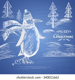 Colored chalk drawn illustration with skating penguin in a hat with scarf, ''Merry Christmas'' text, snowdrifts and Christmas trees. Happy New 2016 Year Theme. Card design. 