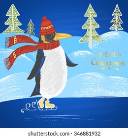  Colored chalk drawn illustration with skating penguin in a hat with scarf, ''Merry Christmas'' text, snowdrifts and Christmas trees. Happy New 2016 Year Theme. Card design. 