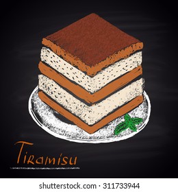  Colored chalk drawn illustration of tiramisu cake. Desserts theme.