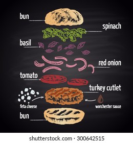 Colored chalk drawn illustration of turkey burger with ingredients. Burger menu theme.