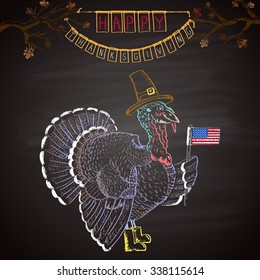  Colored chalk drawn illustration with turkey with an American flag in high boots. The traditional symbol of Thanksgiving Day.