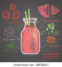  Colored chalk drawn illustration of watermelon smoothie in a bottle with ingredients. Sugar free!