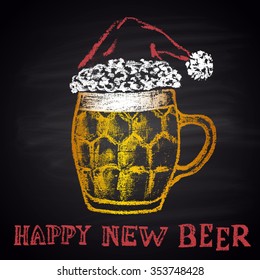  Colored chalk drawn  original illustration for Merry Christmas and Happy New Year with beer mug. Winter holidays theme. Card design. Congratulation concept. Happy New BEER!