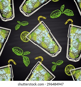 Colored chalk drawn seamless pattern of mojito. Alcohol cocktails theme.