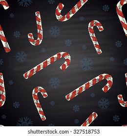 Colored chalk drawn seamless pattern with red-white sweetmeats and snowflakes. Happy New 2016 Year theme.