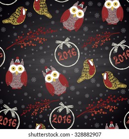  Colored chalk drawn seamless pattern with owl in hat, Christmas balls and birds. Happy New 2016 Year theme. Border collection. Card design.