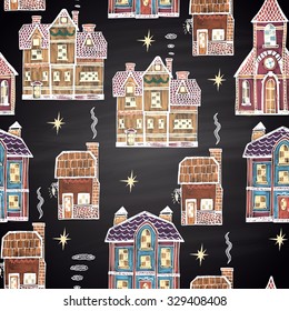 Colored chalk drawn seamless pattern with different houses. Happy New 2016 Year theme. Border collection. Card design.