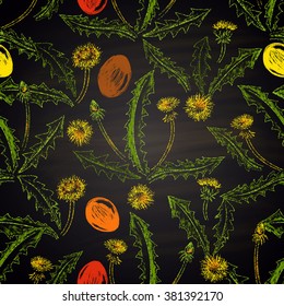  Colored  chalk drawn seamless pattern for Easter with eggs and dandelions. Happy Easter theme. Card design. Holidays collection.