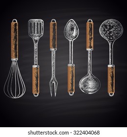 Colored chalk drawn set with different types of kitchen accessories (whisk, skimmer, spatula, soup ladle, etc.). Kitchen theme.