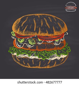   Colored chalk drawn vegan carrot burger with quinoa, zucchini and vegan mayonnaise.