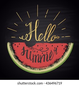 Colored chalk lettering "Hello Summer" on a background of a piece of watermelon.