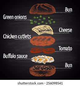 Colored Chalk Painted Buffalo Chicken Burger Ingredients. Infographic.