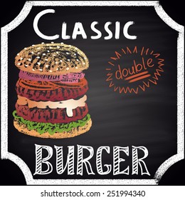 Colored chalk painted classic double burger. Burger menu theme.