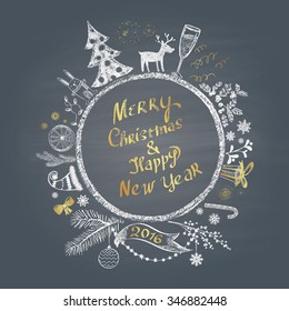  Colored chalk painted illustration with Christmas ball,  ''Merry Christmas & Happy New Year'' text  and set of different holiday objects with golden elements. Happy New 2016 Year Theme. Card design. 