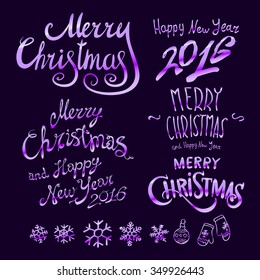 Colored chalk painted illustration with Christmas ball,  ''Merry Christmas & Happy New Year'' text  and set of different holiday objects with golden elements. Happy New 2016 Year Theme. Card design.