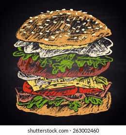  Colored chalk painted illustration of egg burger.