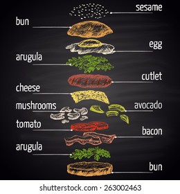 Colored chalk painted illustration of egg burger with ingredients. Infographic.