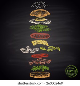  Colored chalk painted illustration of egg burger with ingredients.