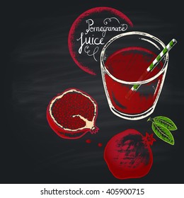 Colored chalk painted illustration of full glass with pomegranate juice. Healthy nutrition. Copy space.
