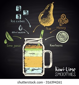 Colored chalk painted illustration of glass with kiwi-lime smoothie (pear, kiwifruits, lime, honey). Infographic.