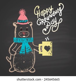 Colored chalk painted illustration with groundhog, cup and text. Happy Groundhog Day Theme.