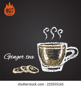 Colored chalk painted illustration of hot ginger tea. 