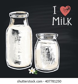  Colored chalk painted illustration milk bottle. The phrase chalk: I love milk.