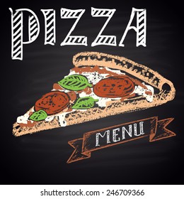  Colored Chalk Painted Illustration Of Pizza Menu.