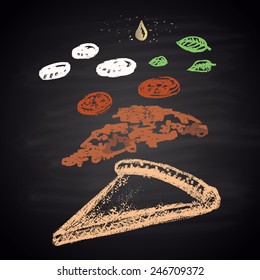  Colored chalk painted illustration of pizza ingredients. Pizza menu theme.