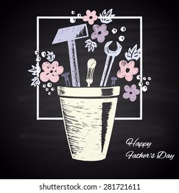 Colored chalk painted illustration with tools in a bucket and flowers for happy father's day (in a frame). Card design.