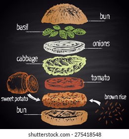 Colored Chalk Painted Illustration Of Vegan Burger Ingredients With Text. Infographic.