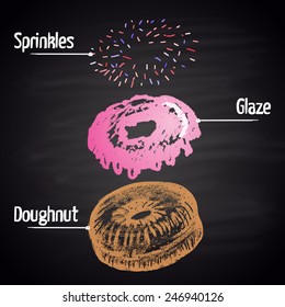 Colored chalk painted ingredients of donut with text. Donuts menu theme.