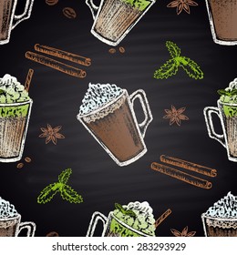 Colored chalk painted seamless pattern with iced coffee and peppermint mocha, mint.