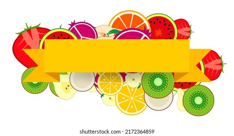 Colored chaotic fruit slices background isolated on white with yellow ribbon. Ready banner template. Vector illustration.