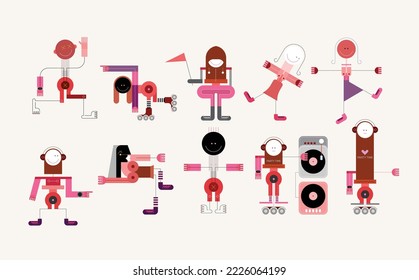 Colored character designs isolated on a white background Dancing Cartoon People vector illustration. Each one of the character created on a separate layer and can be used as a standalone image.